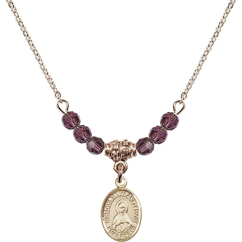 14kt Gold Filled Immaculate Heart of Mary Birthstone Necklace with Amethyst Beads - 9337