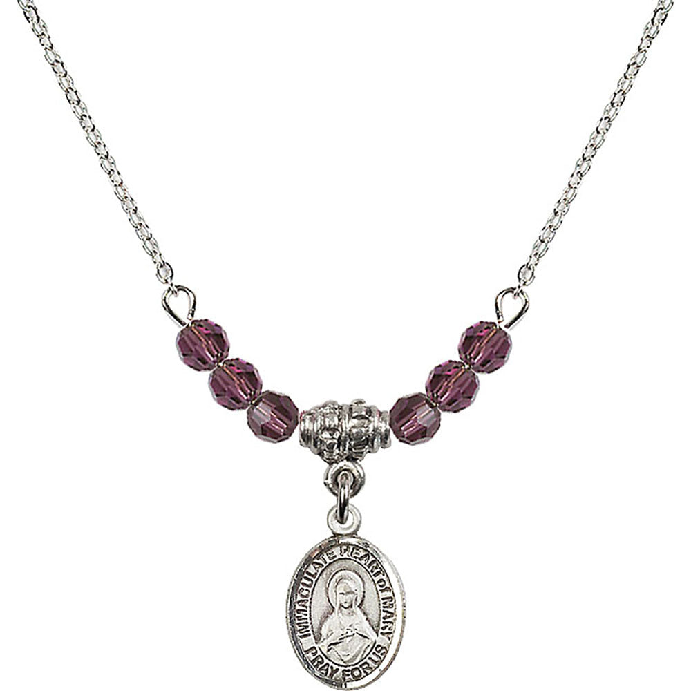 Sterling Silver Immaculate Heart of Mary Birthstone Necklace with Amethyst Beads - 9337