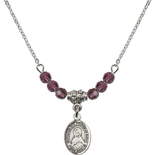 Sterling Silver Immaculate Heart of Mary Birthstone Necklace with Amethyst Beads - 9337