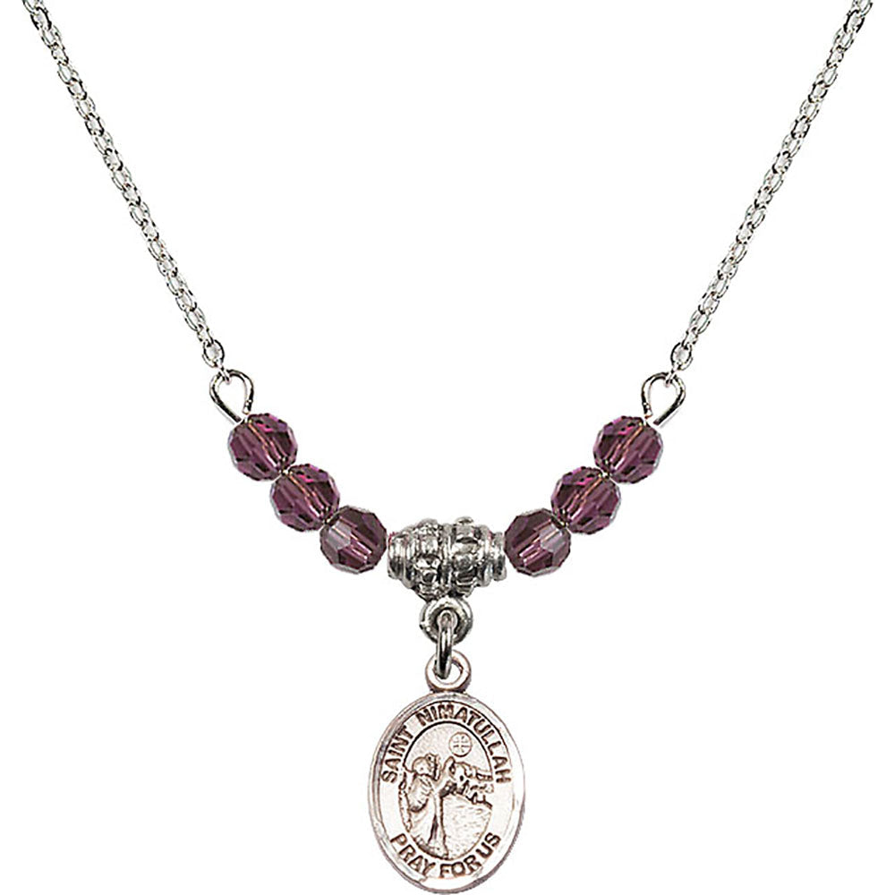 Sterling Silver Saint Nimatullah Birthstone Necklace with Amethyst Beads - 9339