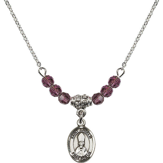 Sterling Silver Saint Anselm of Canterbury Birthstone Necklace with Amethyst Beads - 9342