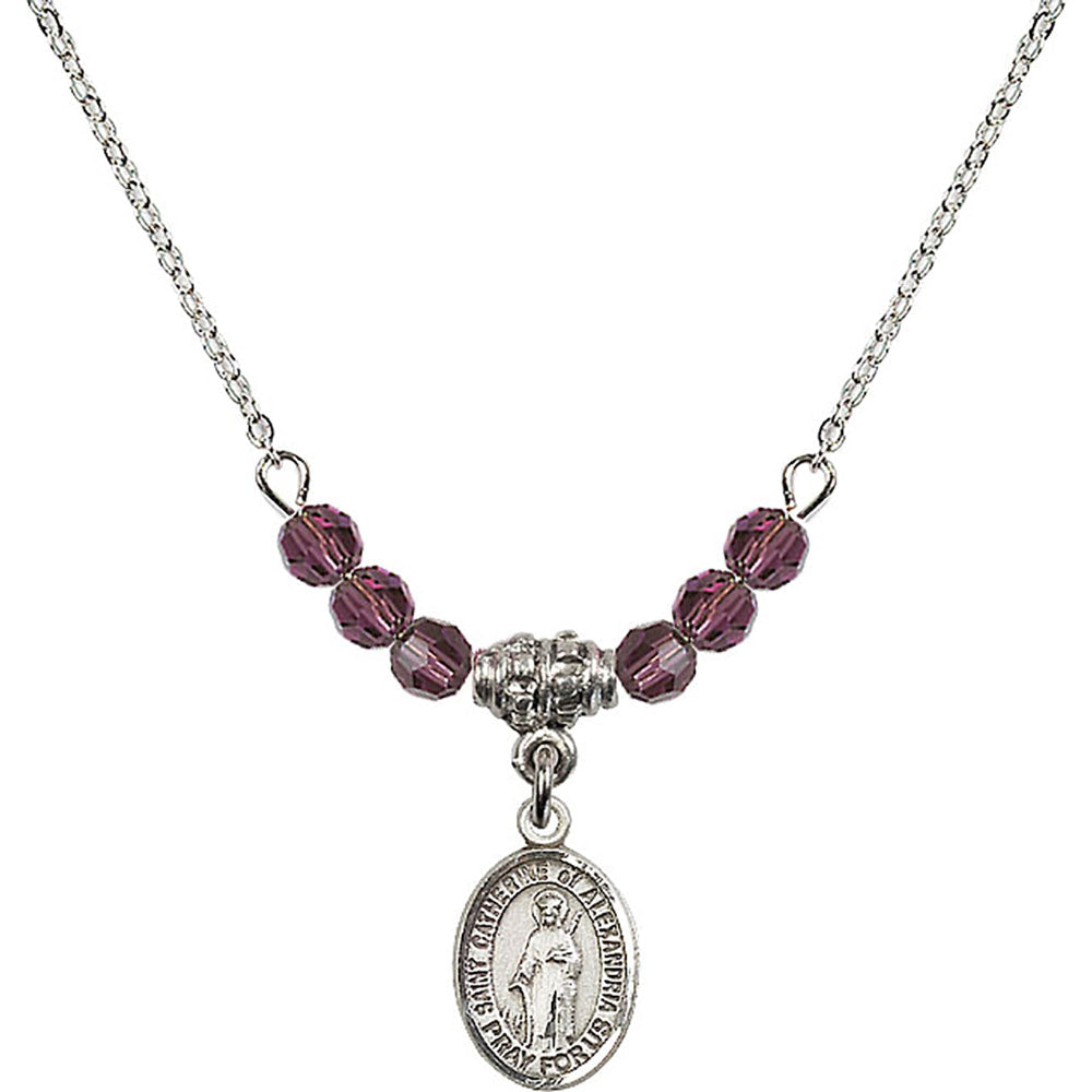 Sterling Silver Saint Catherine of Alexandria Birthstone Necklace with Amethyst Beads - 9343