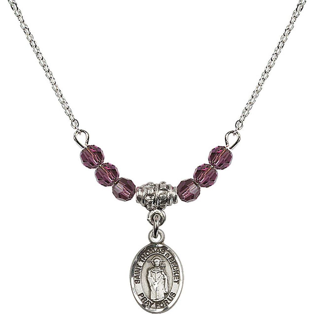 Sterling Silver Saint Thomas A Becket Birthstone Necklace with Amethyst Beads - 9344