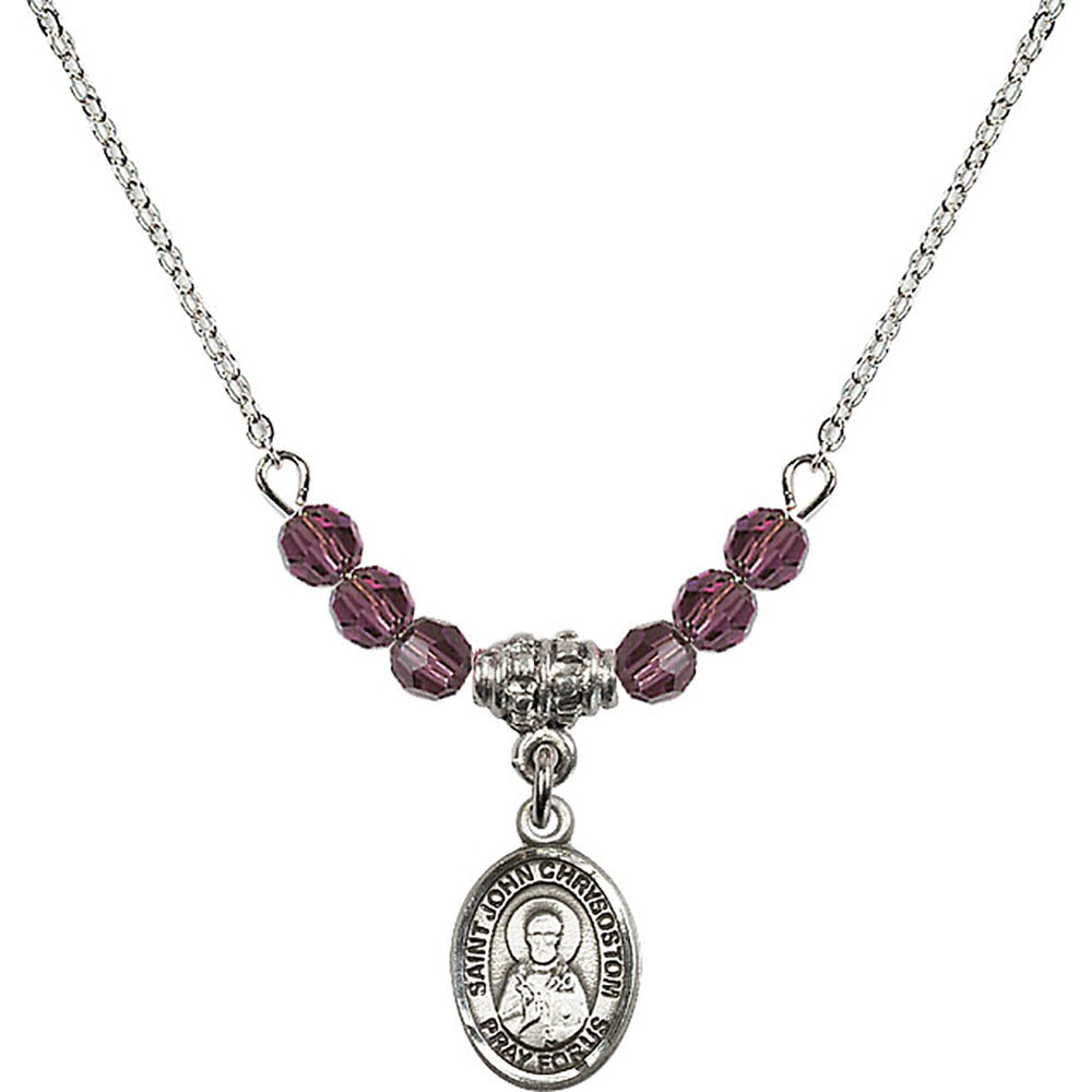 Sterling Silver Saint John Chrysostom Birthstone Necklace with Amethyst Beads - 9357