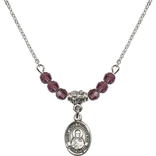 Sterling Silver Saint John Chrysostom Birthstone Necklace with Amethyst Beads - 9357
