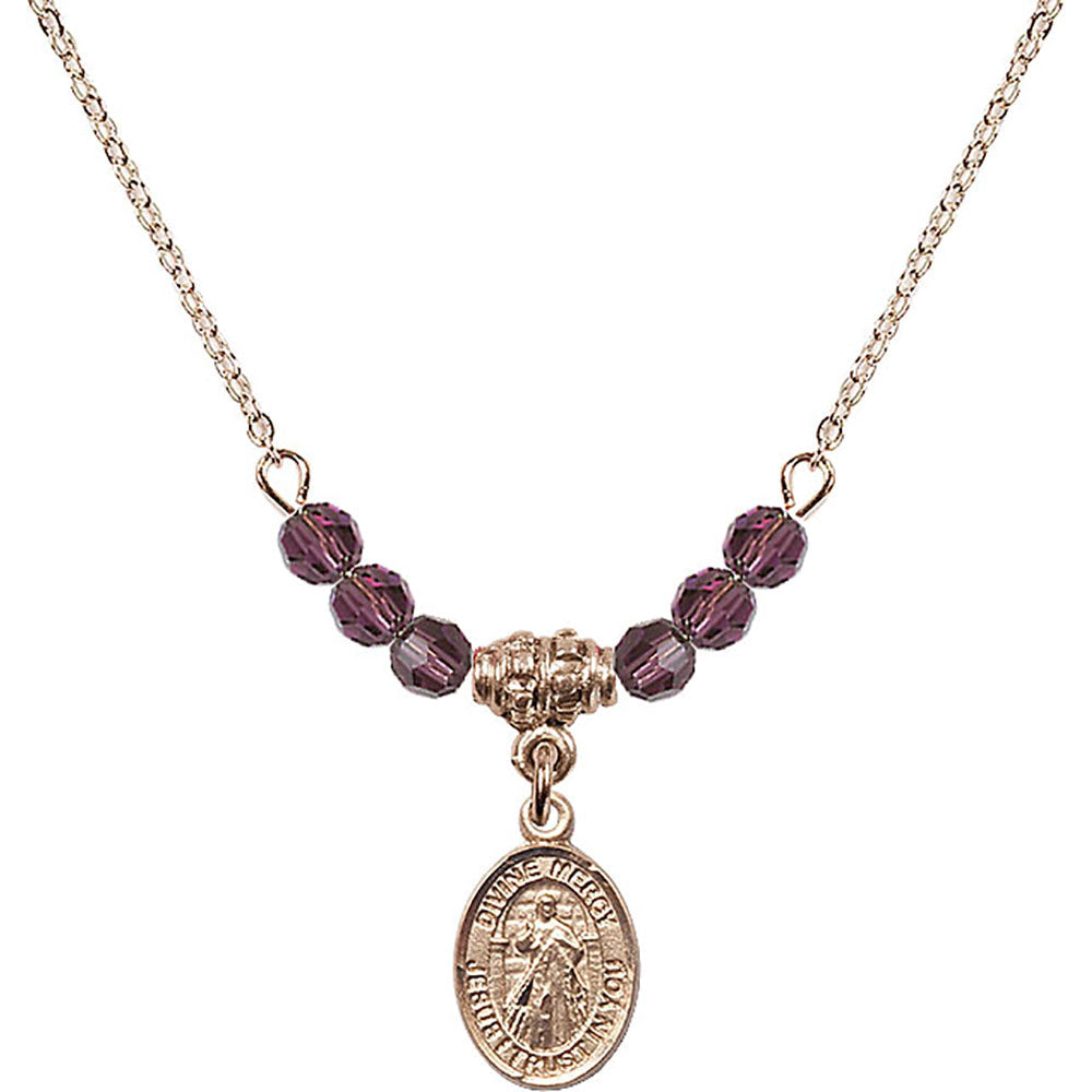 14kt Gold Filled Divine Mercy Birthstone Necklace with Amethyst Beads - 9366