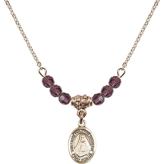 14kt Gold Filled Saint Rose Philippine Duchesne Birthstone Necklace with Amethyst Beads - 9371