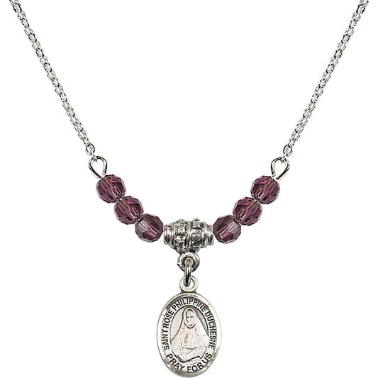 Sterling Silver Saint Rose Philippine Duchesne Birthstone Necklace with Amethyst Beads - 9371