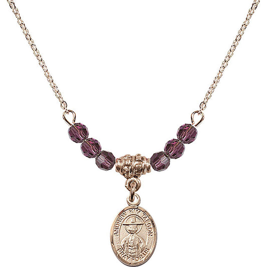 14kt Gold Filled Saint Andrew Kim Taegon Birthstone Necklace with Amethyst Beads - 9373