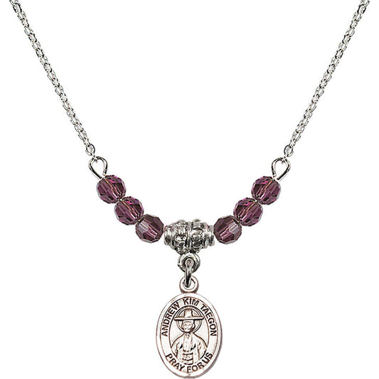 Sterling Silver Saint Andrew Kim Taegon Birthstone Necklace with Amethyst Beads - 9373