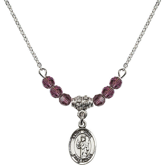 Sterling Silver Saint Uriel the Archangel Birthstone Necklace with Amethyst Beads - 9378