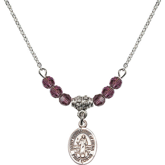 Sterling Silver Saint Bernadine of Sienna Birthstone Necklace with Amethyst Beads - 9387