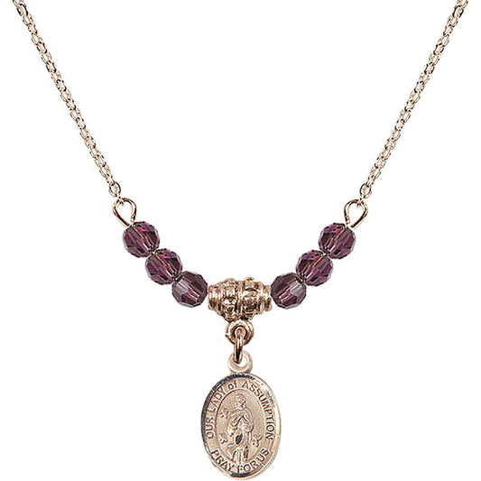 14kt Gold Filled Our Lady of Assumption Birthstone Necklace with Amethyst Beads - 9388