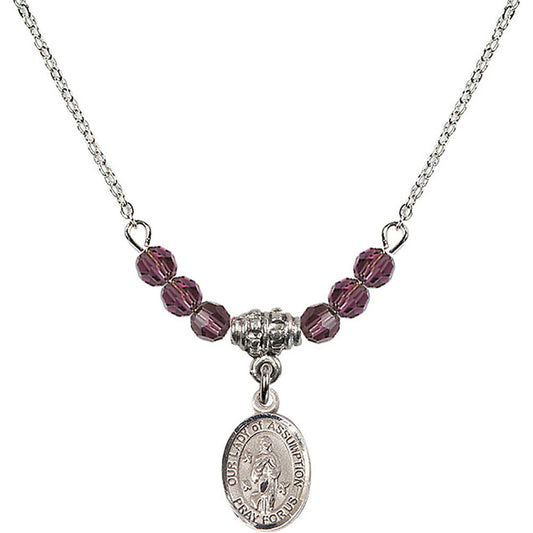 Sterling Silver Our Lady of Assumption Birthstone Necklace with Amethyst Beads - 9388