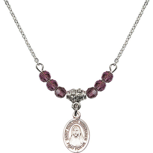 Sterling Silver Saint Pauline Visintainer Birthstone Necklace with Amethyst Beads - 9391