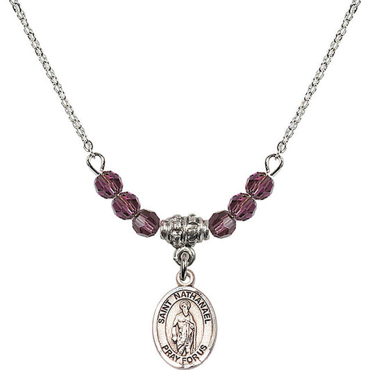Sterling Silver Saint Nathanael Birthstone Necklace with Amethyst Beads - 9398