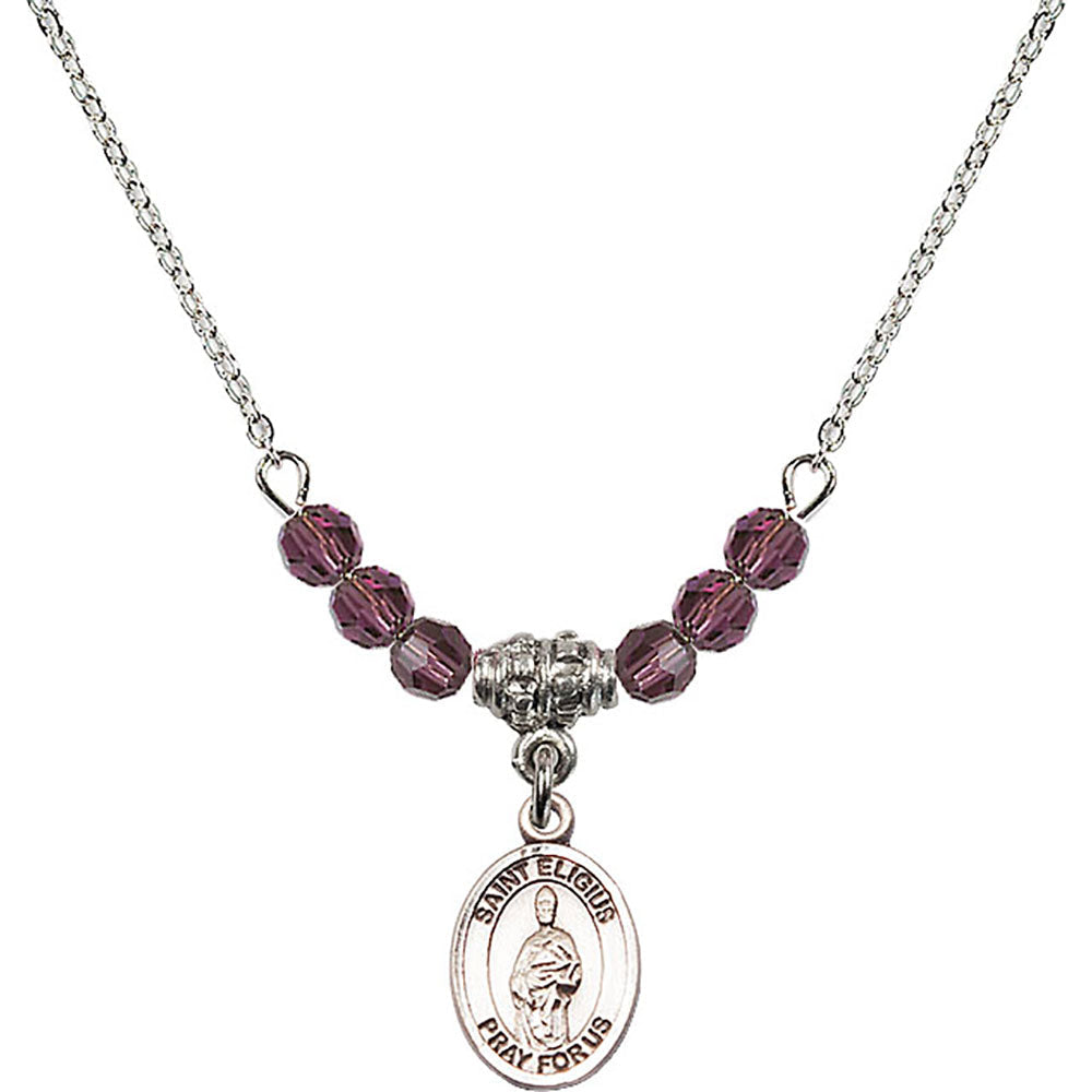 Sterling Silver Saint Eligius Birthstone Necklace with Amethyst Beads - 9402