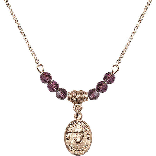 14kt Gold Filled Saint Damien of Molokai Birthstone Necklace with Amethyst Beads - 9412