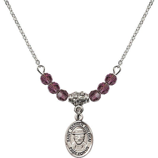 Sterling Silver Saint Damien of Molokai Birthstone Necklace with Amethyst Beads - 9412