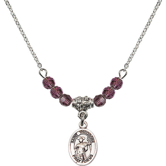 Sterling Silver Saint Theodore Stratelates Birthstone Necklace with Amethyst Beads - 9415