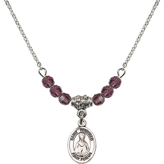 Sterling Silver Saint Winifred of Wales Birthstone Necklace with Amethyst Beads - 9419