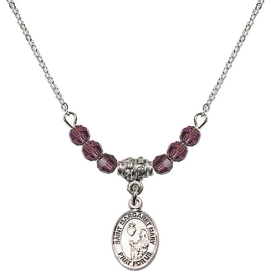 Sterling Silver Saint Margaret Mary Alacoque Birthstone Necklace with Amethyst Beads - 9420