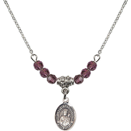 Sterling Silver Our Lady of Czestochowa Birthstone Necklace with Amethyst Beads - 9421