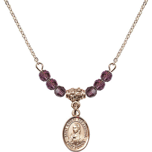 14kt Gold Filled Saint Kateri Tekakwitha Birthstone Necklace with Amethyst Beads - 9438