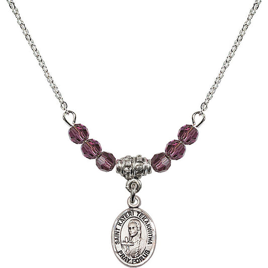 Sterling Silver Saint Kateri Tekakwitha Birthstone Necklace with Amethyst Beads - 9438