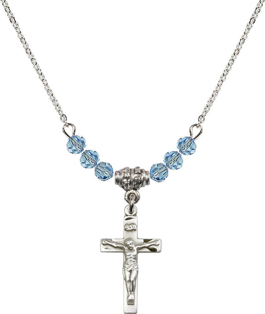 Sterling Silver Crucifix Birthstone Necklace with Aqua Beads - 0001
