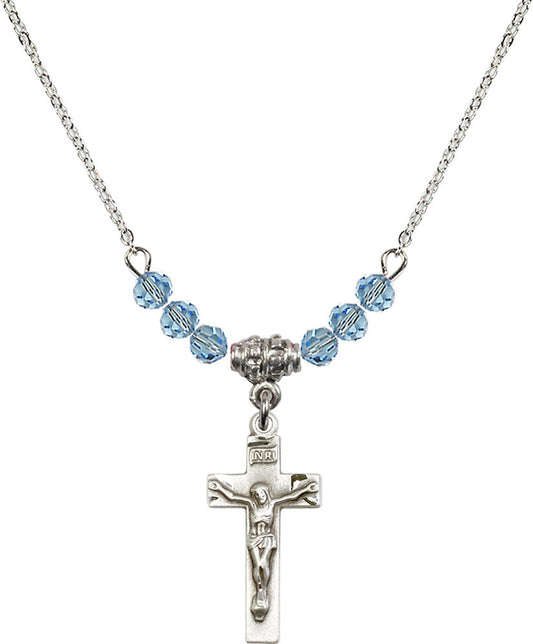 Sterling Silver Crucifix Birthstone Necklace with Aqua Beads - 0006