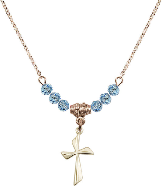 14kt Gold Filled Cross Birthstone Necklace with Aqua Beads - 0016
