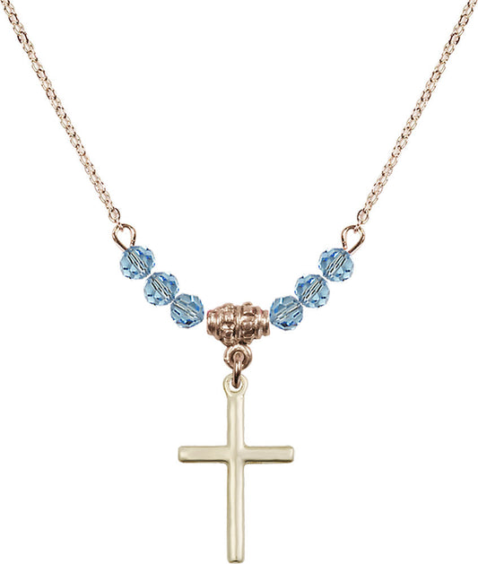 14kt Gold Filled Cross Birthstone Necklace with Aqua Beads - 0017