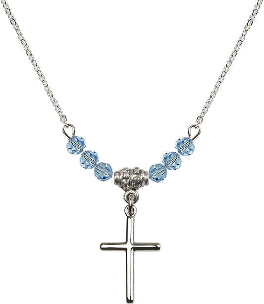 Sterling Silver Cross Birthstone Necklace with Aqua Beads - 0017