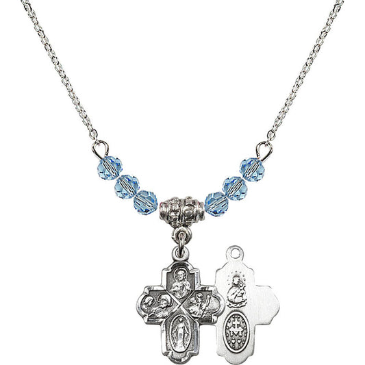 Sterling Silver 4-Way Birthstone Necklace with Aqua Beads - 0047