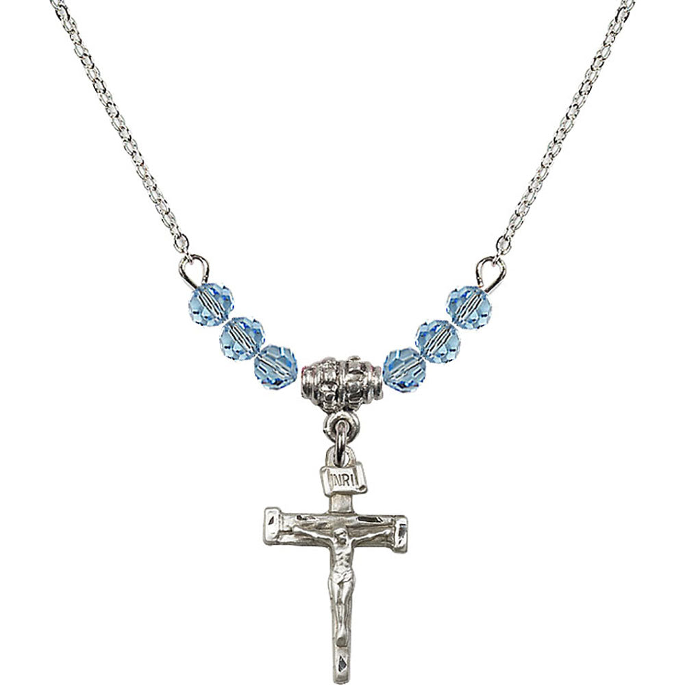 Sterling Silver Nail Crucifix Birthstone Necklace with Aqua Beads - 0072