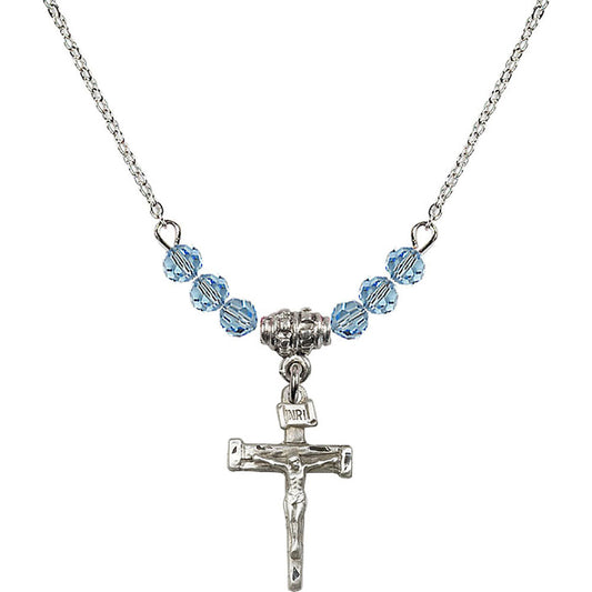 Sterling Silver Nail Crucifix Birthstone Necklace with Aqua Beads - 0072