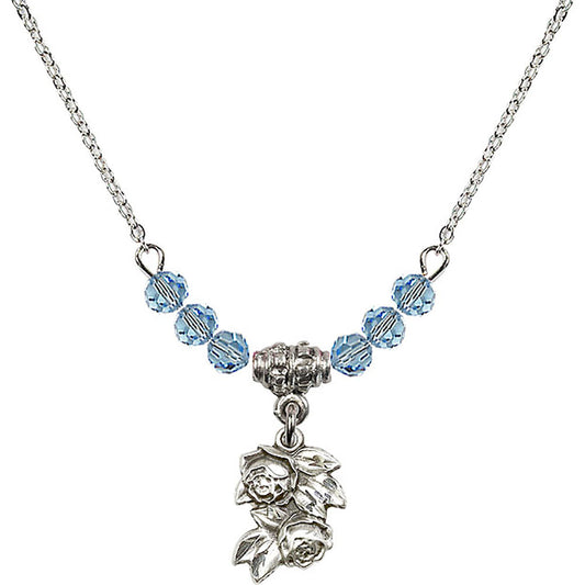 Sterling Silver Rose Birthstone Necklace with Aqua Beads - 0204