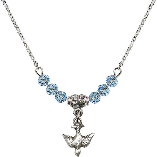 Sterling Silver Holy Spirit Birthstone Necklace with Aqua Beads - 0208
