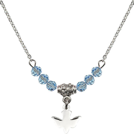 Sterling Silver Holy Spirit Birthstone Necklace with Aqua Beads - 0225