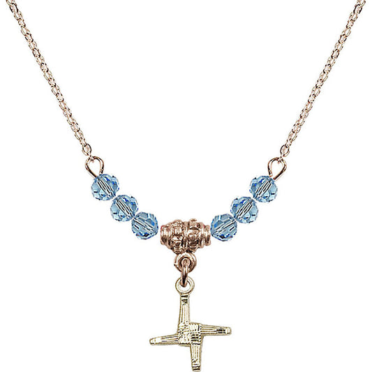 14kt Gold Filled Saint Brigid Cross Birthstone Necklace with Aqua Beads - 0291