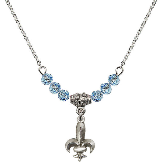Sterling Silver Fleur de Lis Birthstone Necklace with Aqua Beads - 0293