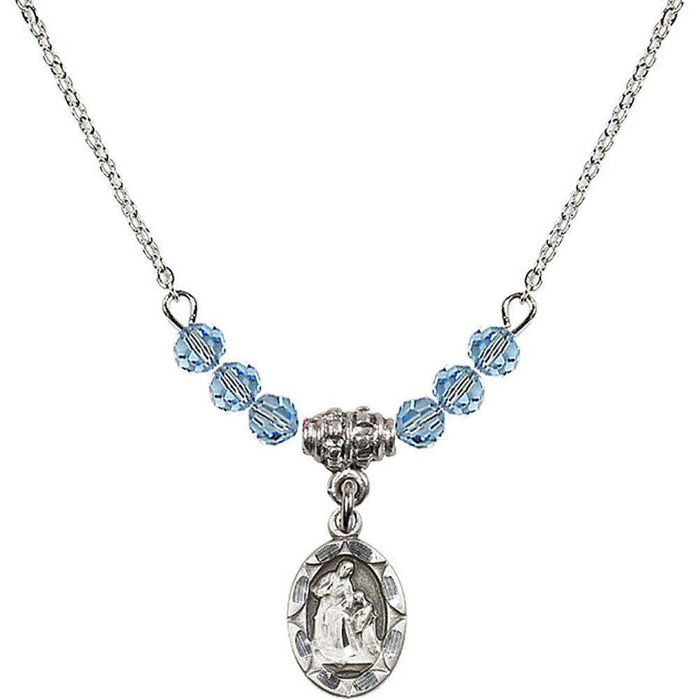 Sterling Silver Saint Ann Birthstone Necklace with Aqua Beads - 0301