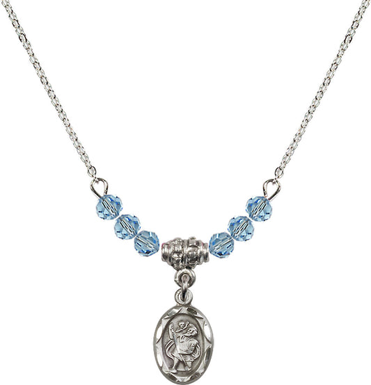 Sterling Silver Saint Christopher Birthstone Necklace with Aqua Beads - 0301