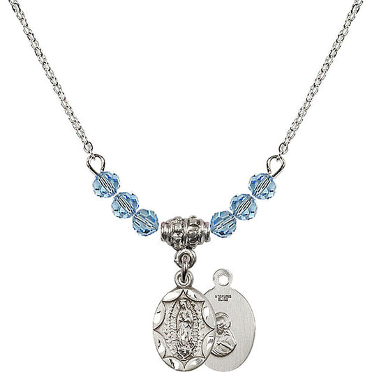 Sterling Silver Our Lady of Guadalupe Birthstone Necklace with Aqua Beads - 0301