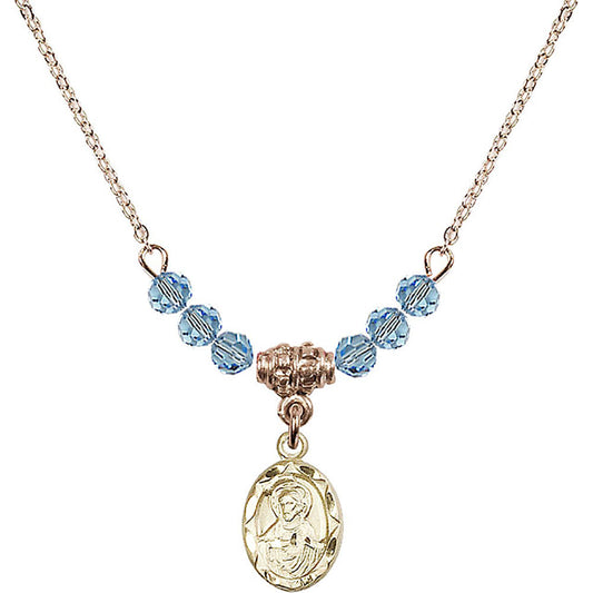 14kt Gold Filled Scapular Birthstone Necklace with Aqua Beads - 0301