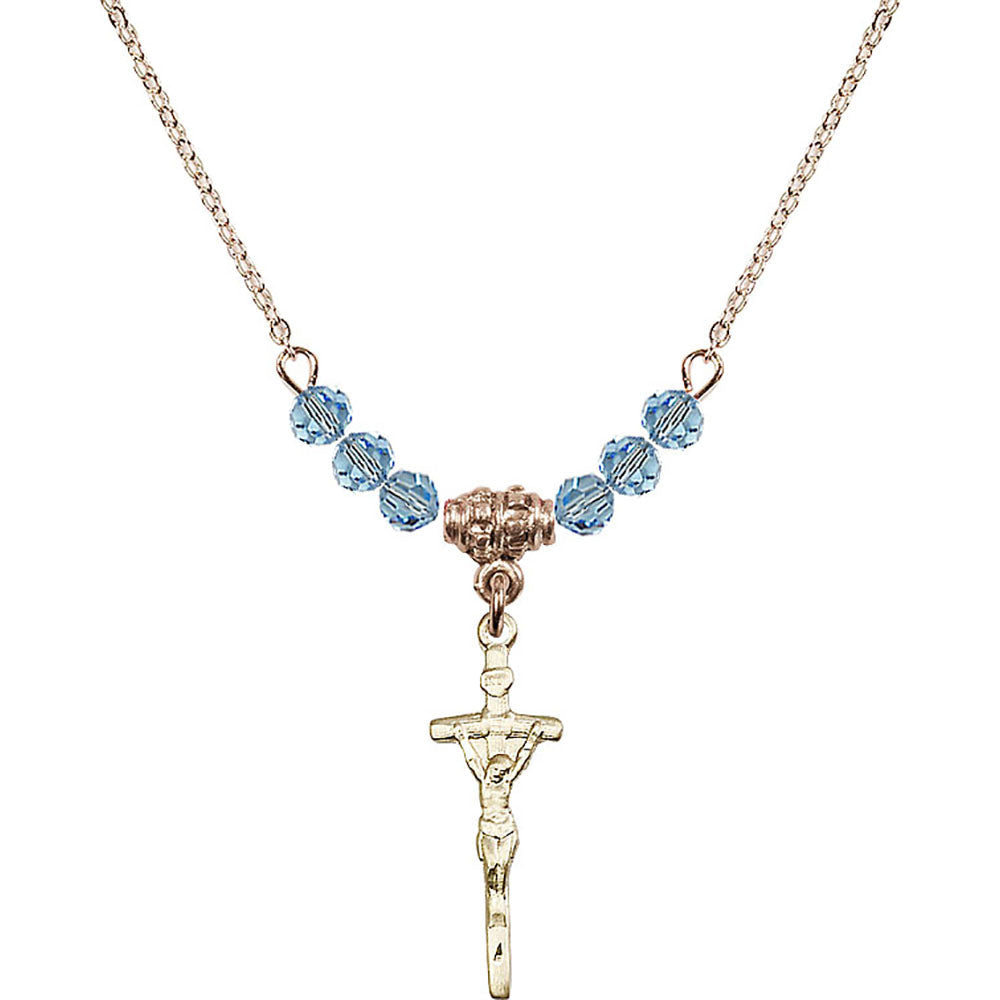 14kt Gold Filled Papal Crucifix Birthstone Necklace with Aqua Beads - 0563