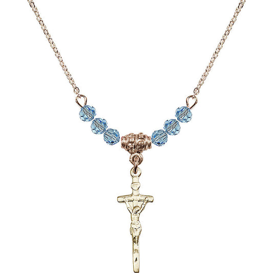 14kt Gold Filled Papal Crucifix Birthstone Necklace with Aqua Beads - 0563