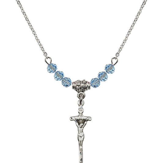 Sterling Silver Papal Crucifix Birthstone Necklace with Aqua Beads - 0563