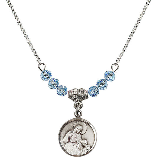 Sterling Silver Saint Ann Birthstone Necklace with Aqua Beads - 0601